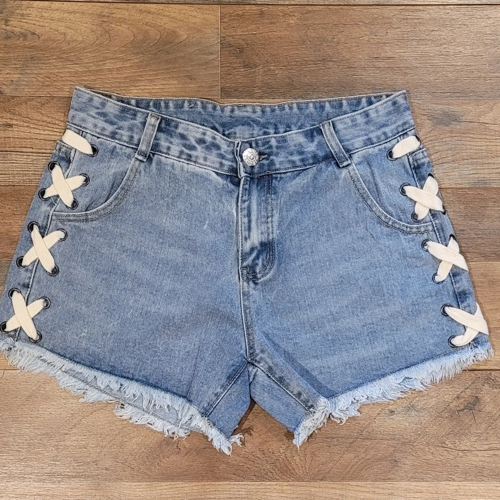 NWOT Vocal Distressed Lace Up Denim Shorts - Picture 1 of 7